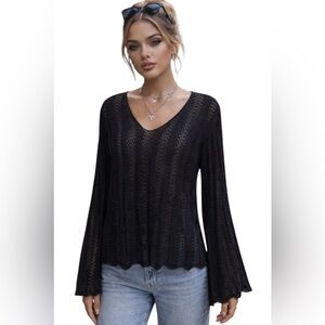 Black V-Neck Crochet Top